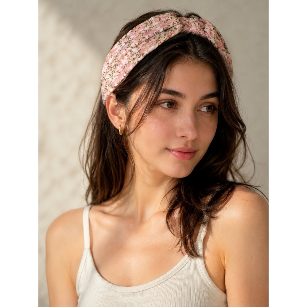 Pink‎ Floral Twisted Corduroy Headband Elastic Back Hair Accessory Boho Style